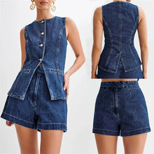 Load image into Gallery viewer, Summer Women's Denim Shorts Suit Sleeveless O-neck Single Breasted Split Top Vest High Waist Wide Leg Shorts 2024 Lady Sets -  Dollhouse-Collection
