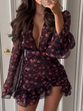 Load image into Gallery viewer, The Noir Floral Ruffle Mini Dress -  Dollhouse-Collection
