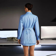 Load image into Gallery viewer, Wrap Skirt Striped Women Two-Piece Set Collared Long Sleeve Shirt With Tie Waist Button Front Casual Matching Outfit -  Dollhouse-Collection
