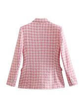 Load image into Gallery viewer, Pink Check Tweed Blazer for Women, Retro Button, Long Sleeve, Pocket, Elegant Jacket, Fashion Top, Designer, 2024 -  Dollhouse-Collection
