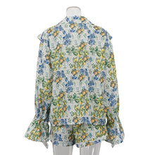 Load image into Gallery viewer, Elegant Green Print 2 Pieces Set for Woman Fashion Lapel Long Sleeve Ruffled Button Shirts and High Waisted Shorts Sets Suit -  Dollhouse-Collection
