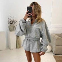 Load image into Gallery viewer, New Fashion 2025 Autumn Winter Women Two Piece Set Long Sleeved Sweatshirt Tops And High Waisted Loose Shorts Casual Sports Suit -  Dollhouse-Collection
