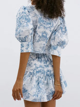 Load image into Gallery viewer, Fashionable Casual Printed Skirt Sweet Suit Office Commuter Women Stand-up Collar Shirt And A-line Dress Printed Blue Skirt Suit -  Dollhouse-Collection
