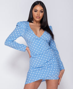 Baby Blue Polka Dot V Neck Wrapover Front Bodycon Mini Dress -  Dollhouse-Collection