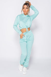 Drawstring Detail Cropped Hoodie & Jogging Trousers Set Mint -  Dollhouse-Collection