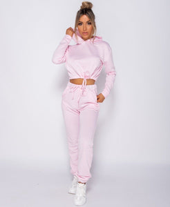 Drawstring Detail Cropped Hoodie & Jogging Trousers Set Pink -  Dollhouse-Collection