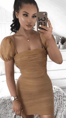 If You Please Puff Sleeve Mini Nude -  Dollhouse-Collection