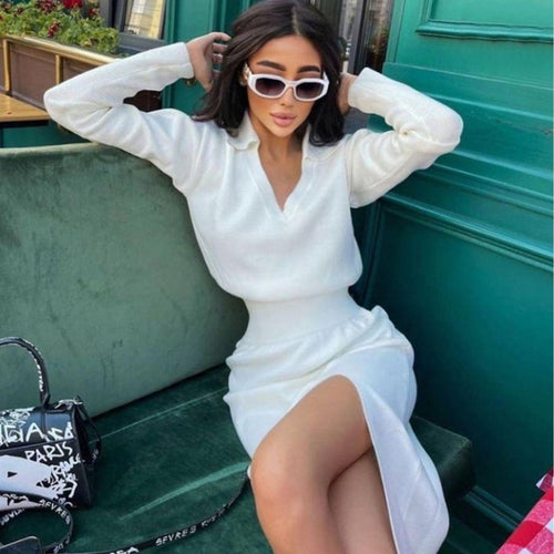 Jessica Cinched in waist dress with split in white Dollhouse-Collection 