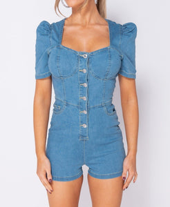 Light Blue Denim Button Up Front Puff Sleeve Playsuit -  Dollhouse-Collection