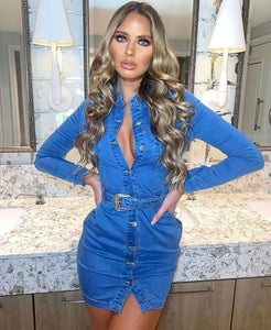 Light Blue Denim Western Buckle Detail Button Up Bodycon Shirt Dress -  Dollhouse-Collection