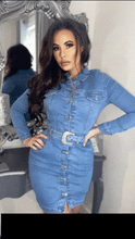 Load image into Gallery viewer, Light Blue Denim Western Buckle Detail Button Up Bodycon Shirt Dress -  Dollhouse-Collection
