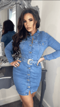 Load image into Gallery viewer, Light Blue Denim Western Buckle Detail Button Up Bodycon Shirt Dress -  Dollhouse-Collection
