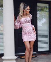 Load image into Gallery viewer, Pink Floral Ruched Front Puff Long Sleeve Mini Dress -  Dollhouse-Collection
