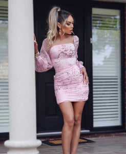 Pink Floral Ruched Front Puff Long Sleeve Mini Dress -  Dollhouse-Collection