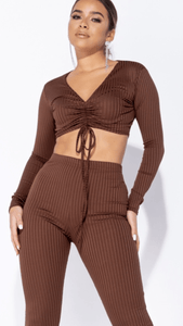 Rib knit tie front lounge set brown -  Dollhouse-Collection